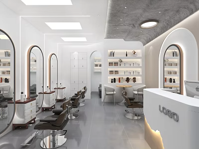 Modern Beauty Hair Salon Interior With Barber Chairs Mirrors Product Shelves And Reception Desk 3d model