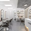 Modern Beauty Hair Salon Interior With Barber Chairs Mirrors Product Shelves And Reception Desk