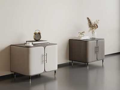 Modern Bedside Tables Light Dark Gray With Metal Legs Alarm Clock Books Vase Dried Flowers 3d model