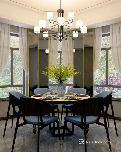 Elegant Restaurant Interior With Large Windows White Curtains Round Table Blue Chairs And Green Plants 3d model 