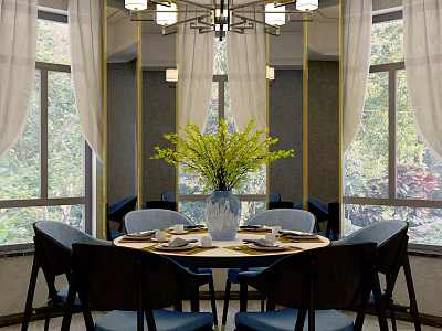Elegant Restaurant Interior With Large Windows White Curtains Round Table Blue Chairs And Green Plants 3d model