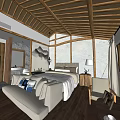 Hotel Guest Room Interior With Wooden Ceiling Beams Bathroom Sink Ink Painting Bed And Nightstand