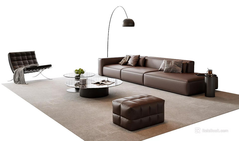 Modern Leather Sofa and Glass Coffee Table Set with Floor Lamp Ottoman and Beige Rug 3d model 