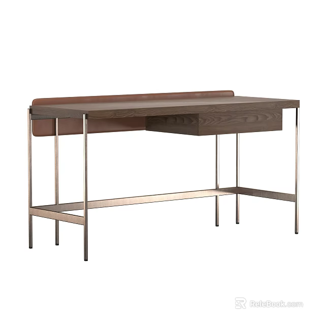 Modern Minimalist Desk With Wooden Top And Brushed Metal Frame Featuring Single Drawer 3d model 