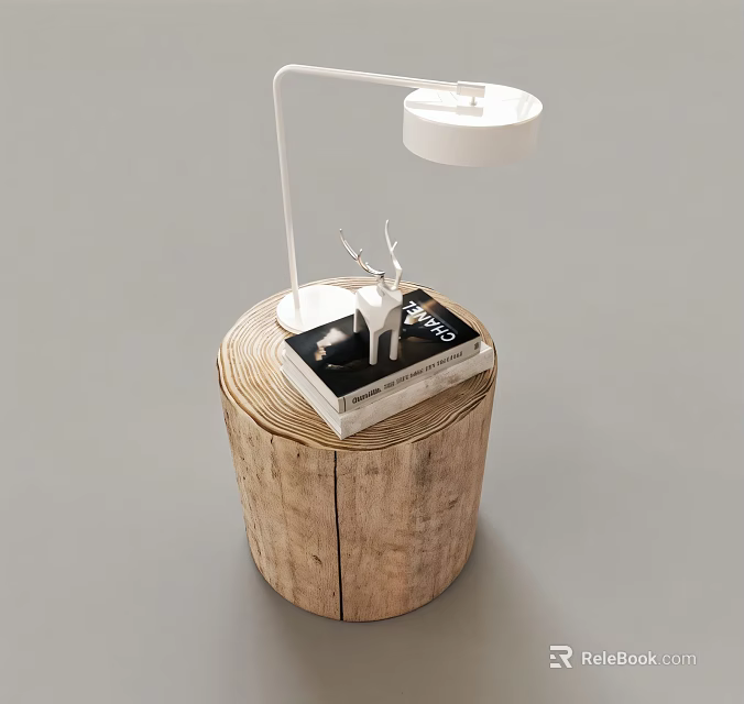 Modern Minimal Desk Lamp On Wooden Stump Base With Book And Deer Ornament 3d model 