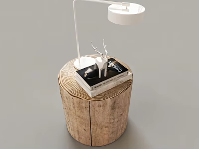 Modern Minimal Desk Lamp On Wooden Stump Base With Book And Deer Ornament 3d model