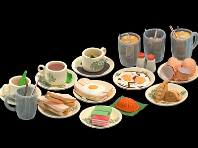 Delicious Breakfast Food Selection With Fried Eggs Sandwiches Juice Cookies And Tea Cups 3d model