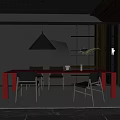 Black Toned Restaurant Interior With Red Long Table Black Chairs Pendant Light Plant And Bookshelf