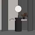 Sleek Black Cylindrical Washstand With Round Mirror Marble Countertop Decorative Plant And Gray Textured Walls