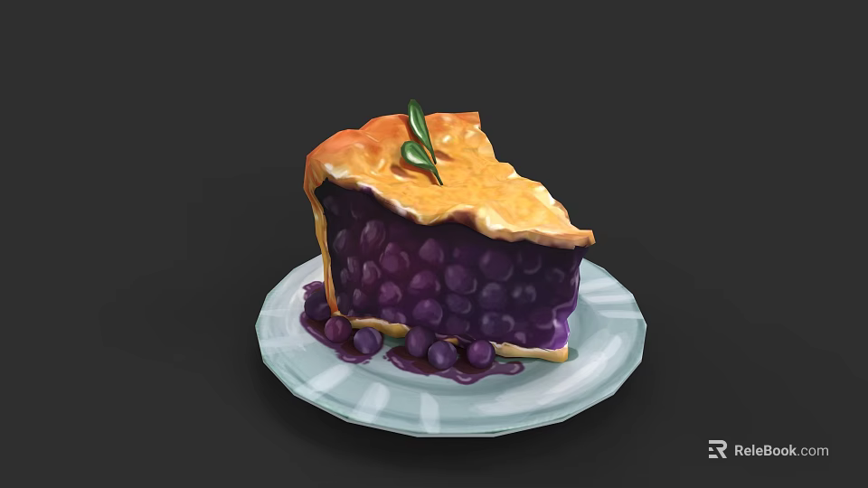 Slice of Delicious Blueberry Pie with Flaky Crust and Leaf Decoration on a Plate 3d model 