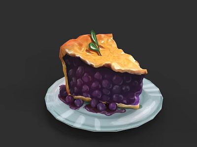 Slice of Delicious Blueberry Pie with Flaky Crust and Leaf Decoration on a Plate 3d model
