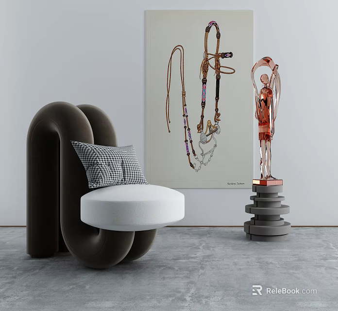 Curved Single Sofa with White Cushion Plaid Pillow and Wall Painting Sculpture on Gray Floor 3d model 