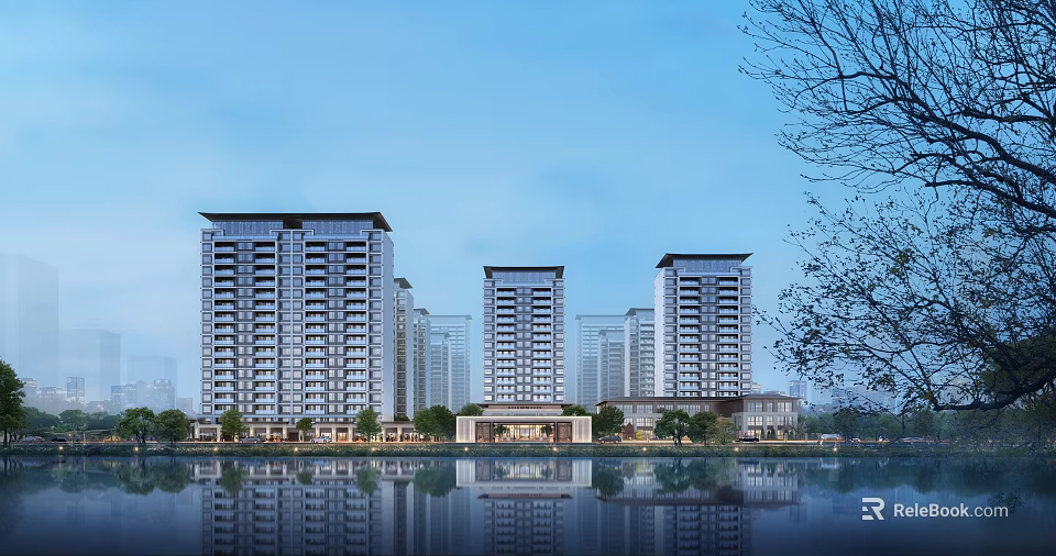 Modern High Rise Residential Buildings With Lake View Water Reflections And Surrounding Trees 3d model 