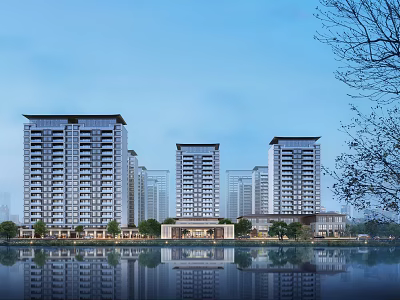 Modern High Rise Residential Buildings With Lake View Water Reflections And Surrounding Trees 3d model