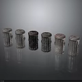 Six Cylindrical Trash Cans With Different Textured Surfaces Arranged On Black Background