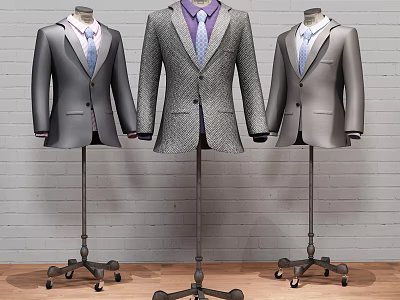 Three Classic Formal Suits On Mannequins With Brick Wall And Wooden Floor 3d model