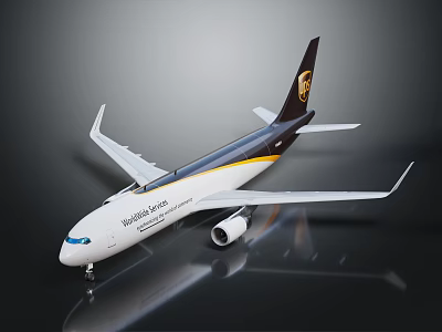UPS Airplane Model With Worldwide Services Brown Yellow White Livery On Dark Background With Reflection 3d model