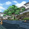 Hotel Building Complex with Modern Traditional Architecture in Lush Green Landscape and Courtyard