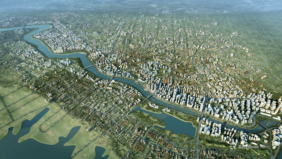 Aerial Planning for Urban City with River Buildings and Road Networks 3d model 