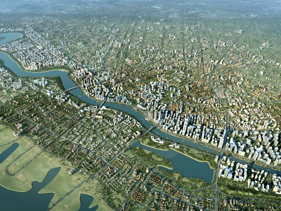 Aerial Planning for Urban City with River Buildings and Road Networks 3d model