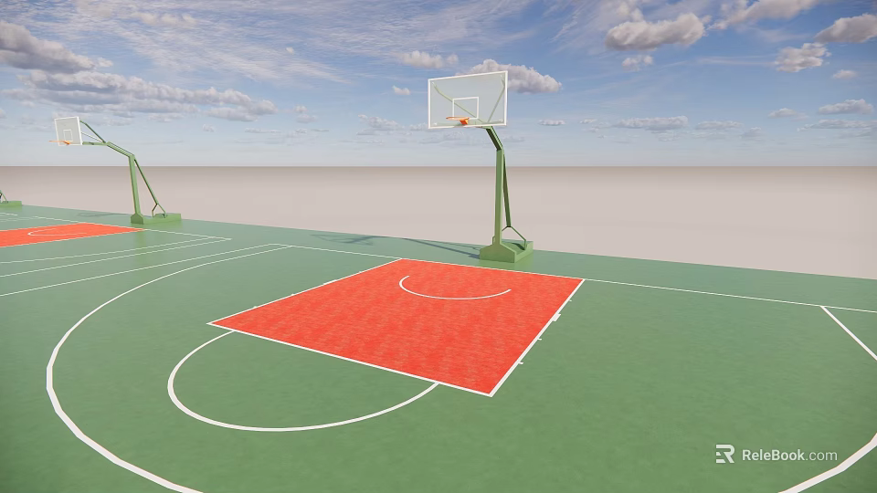Basketball Court With Green Floor Red Painted Area And Basketball Hoop Under Blue Sky 3d model 