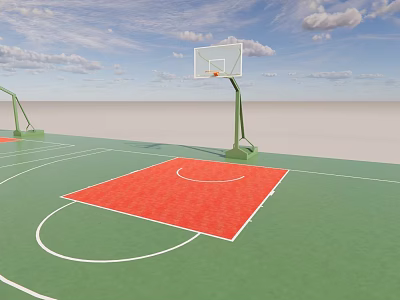 Basketball Court With Green Floor Red Painted Area And Basketball Hoop Under Blue Sky 3d model
