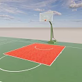 Basketball Court With Green Floor Red Painted Area And Basketball Hoop Under Blue Sky