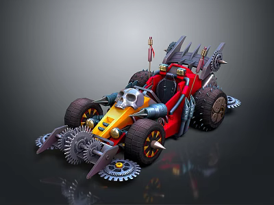 Red And Yellow Modified Racing Car With Skull Decoration Gears Spikes And Flag 3d model