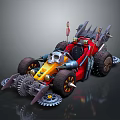 Red And Yellow Modified Racing Car With Skull Decoration Gears Spikes And Flag