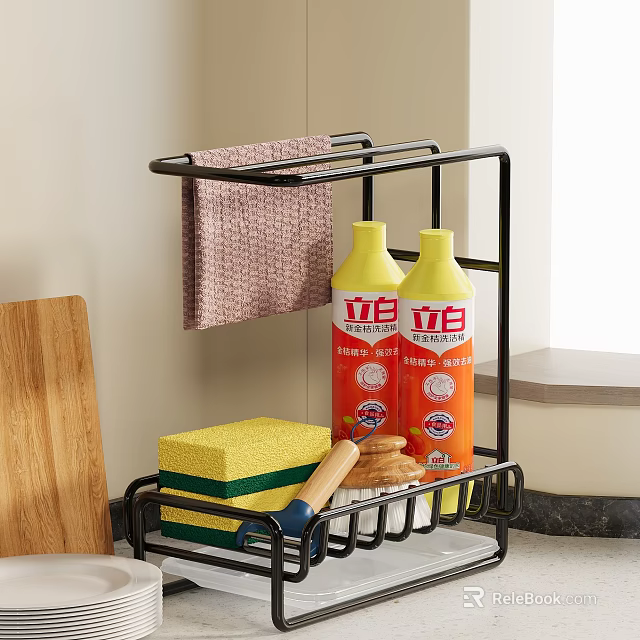 Practical Kitchenware Organizer Rack With Dish Soap Sponge Cutting Board And Towel 3d model 