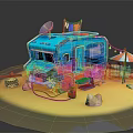 Blue Camper Van With Camping Gear Umbrella Barrel Tire And Rocks