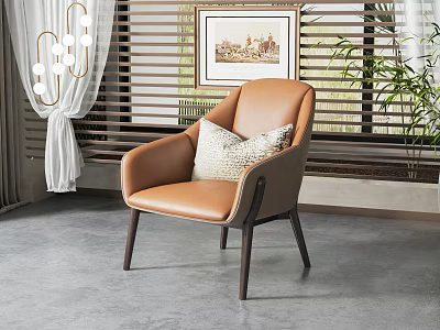 Modern Brown Leather Dining Chair With Decorative Pillow And Window Curtain Chandelier Green Plant 3d model