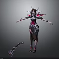 Woman In Red And Black Armored Costume With Intricate Headdress Arms Outstretched Near Weapon 3d model