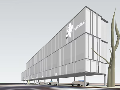Innovative Container Building Architecture Featuring Commercial Space Parking And Greenery 3d model
