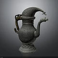 Traditional Metal Ewer With Carved Patterns Curved Spout Handle And Pierced Base
