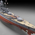 Detailed Warship 3D Model with Gray Hull Red Bottom Deck and Turrets