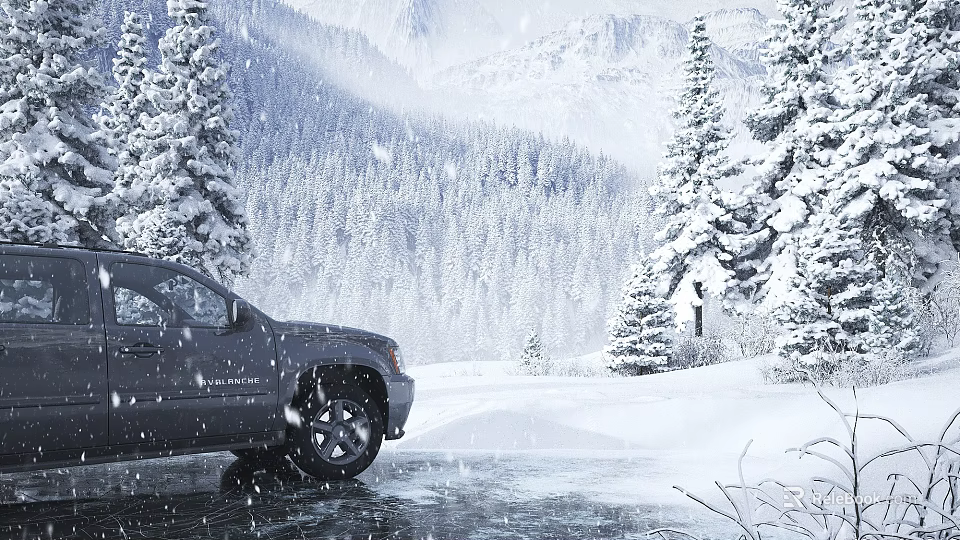 Stunning Snow Covered Mountain Pine Forest Winter Landscape With SUV Parked On Icy Snowy Road 3d model 