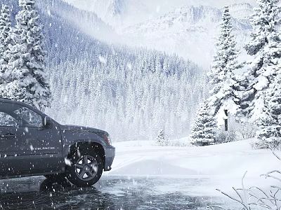 Stunning Snow Covered Mountain Pine Forest Winter Landscape With SUV Parked On Icy Snowy Road 3d model