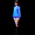 Woman With Short Hair And Glasses In Blue Checkered Sweater And Shorts On Black Background