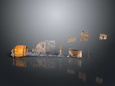 Ancient Ruin Scene Components Featuring Arched Stone Doorway And Broken Wall Sections 3d model