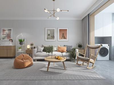 Modern Living and Dining Room Interior With Sofa Coffee Table Chandelier And Plants 3d model