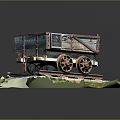 Vintage Mine Cart Model Loaded With Coal On Rail Tracks And Grass Terrain Base