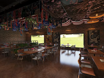 Restaurant Interior With Brick Walls Hanging Decorations Wooden Floor And Green Grass View Windows 3d model