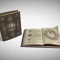 Vintage Books With Decorative Cover And Open Pages Featuring Old Text And Circular Illustration