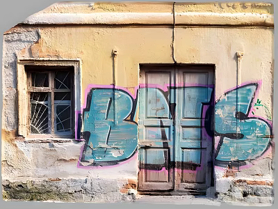 Yellow Aged Building Exterior Wall with Broken Window Wooden Door and Blue BATS Graffiti 3d model