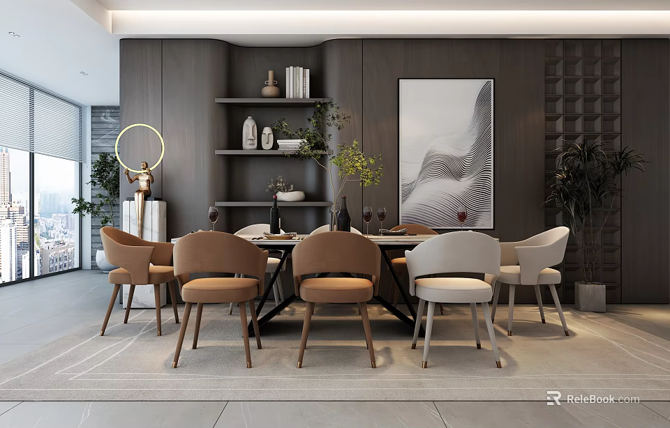 Modern Restaurant Interior With Round Dining Table Colored Chairs Bookshelf And Abstract Painting 3d model 