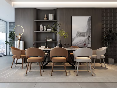 Modern Restaurant Interior With Round Dining Table Colored Chairs Bookshelf And Abstract Painting 3d model