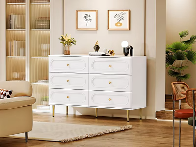 Elegant White Sideboard with Golden Handles Legs and Decorative Vase Lamp in Living Room 3d model