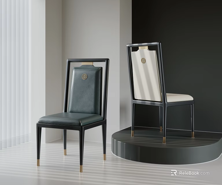 Modern Dining Chairs With Leather And Fabric Backrest Black Metal Legs Gold Accents 3d model 