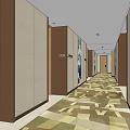 Hotel Corridor Interior With Recessed Ceiling Lights Carpeted Flooring And Wall Decor